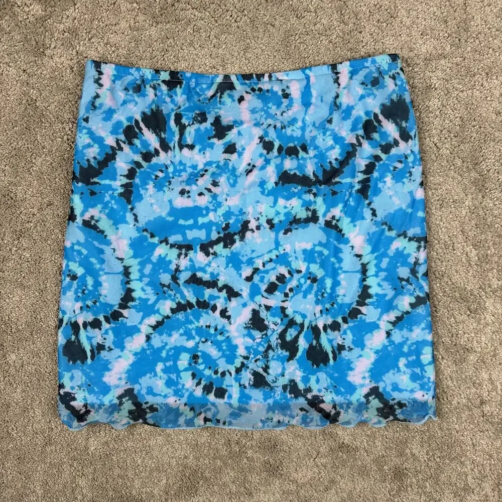 Something New Skirt Small Blue Serena Mesh Mini Malibu Swirl High Waist Retro